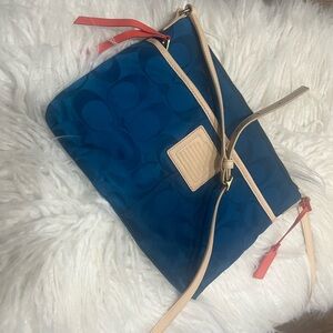 Coach Blue Crossbody Bag with Tan and Orange Leather Details